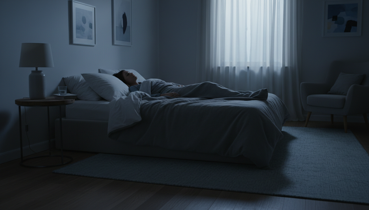 Wide-angle view of a dim bedroom with a person awake under the covers at night