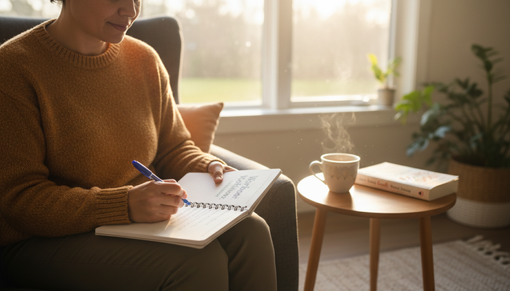 Eye-level view of a person sitting by a window with a notebook