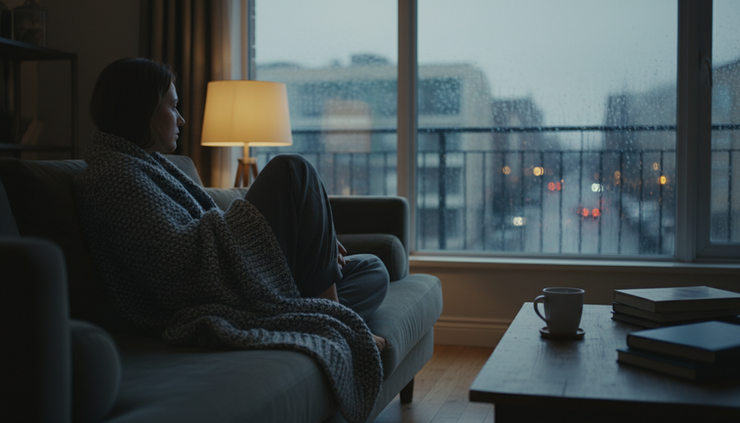 Eye-level view of a person sitting alone by a window on a rainy evening