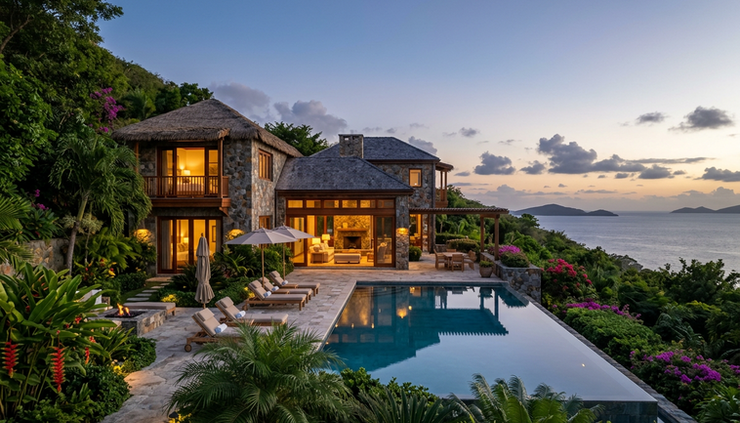 Wide-angle view of a private villa beside a calm pool at dusk