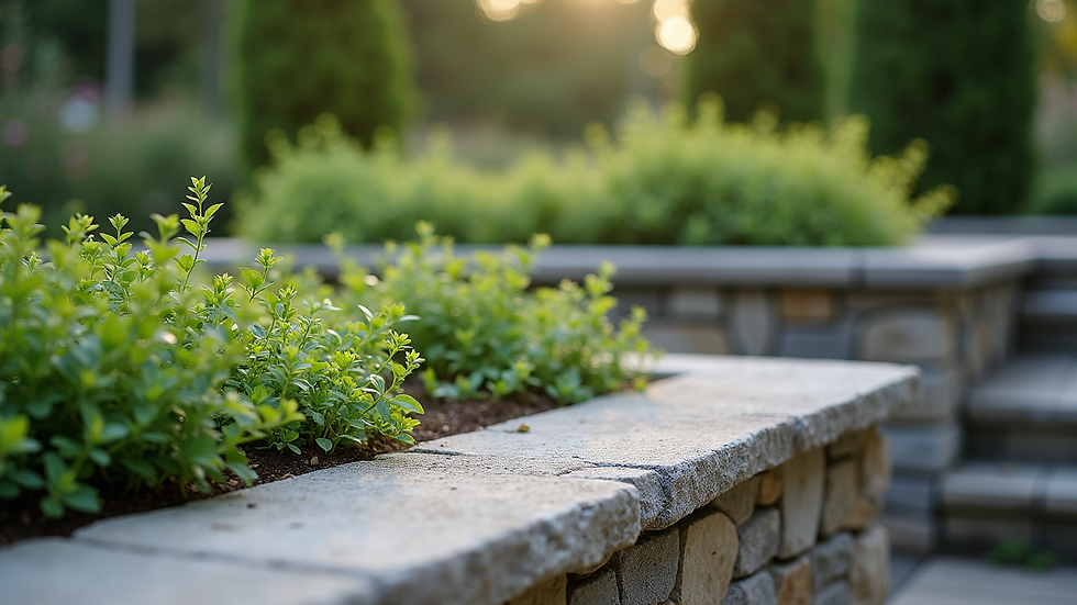 Close-up view of a stone retaining wall with garden plants