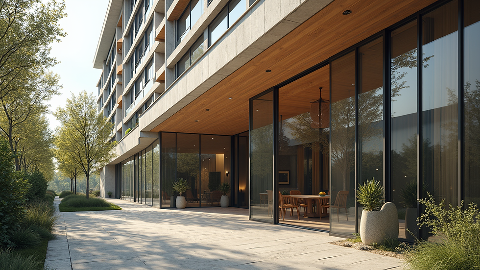 Eye-level view of a modern hotel exterior with sustainable design features
