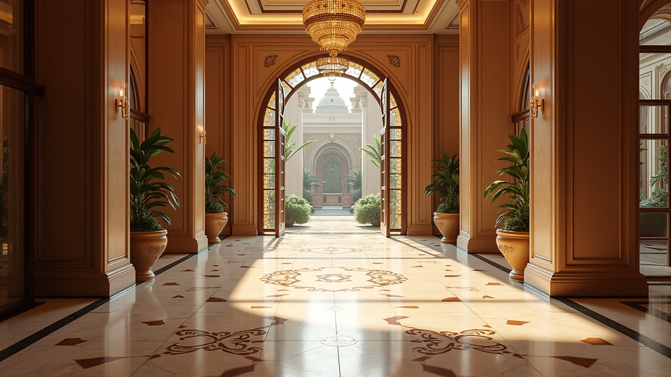 Eye-level view of a luxury hotel lobby with traditional Karnataka motifs