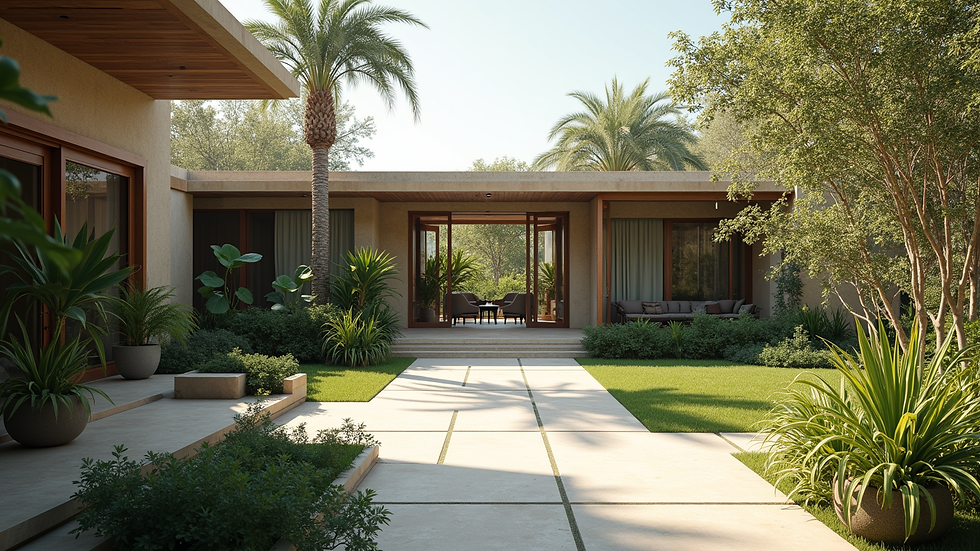 Wide angle view of a luxury villa garden with native plants and outdoor seating