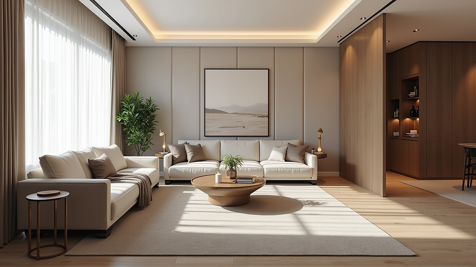 Eye-level view of a spacious living room with modern luxury furniture