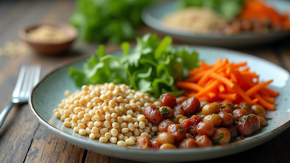 Eye-level view of a balanced meal with fresh vegetables and grains