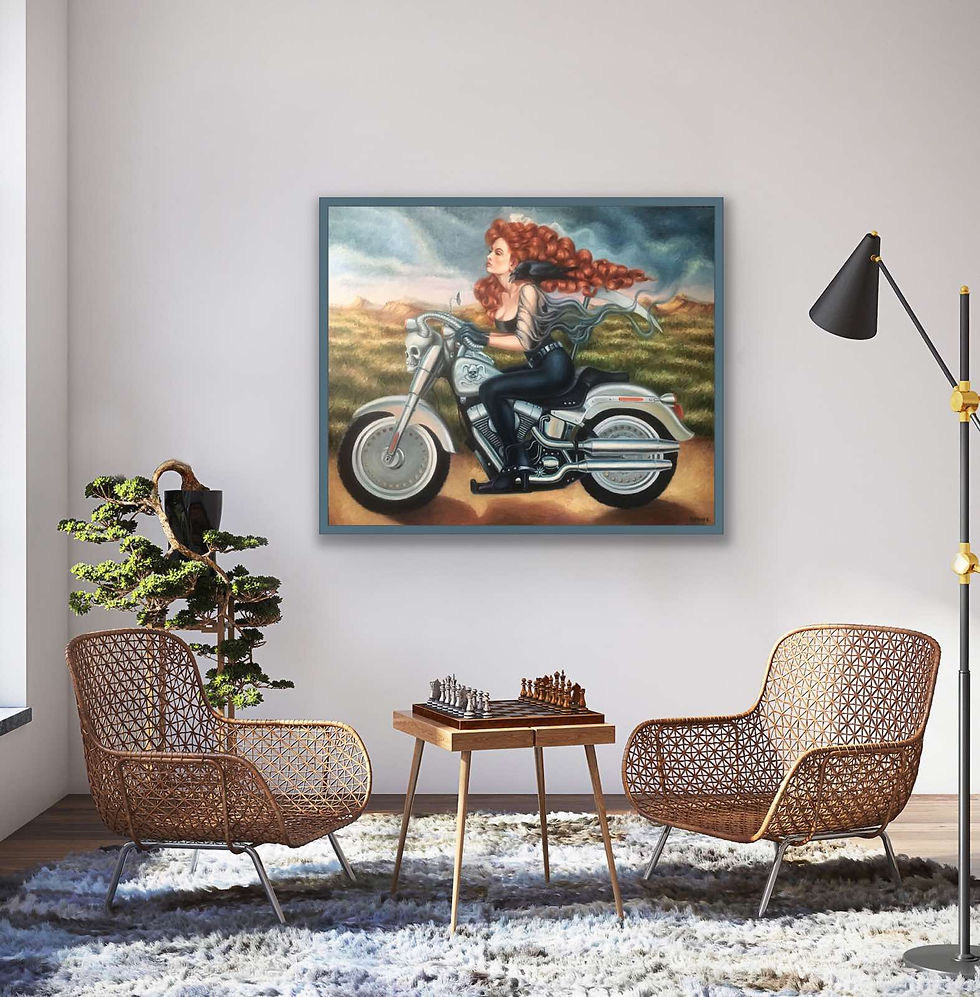 Thumbnail: Biker bride. (120x100cm.) Oil on canvas.