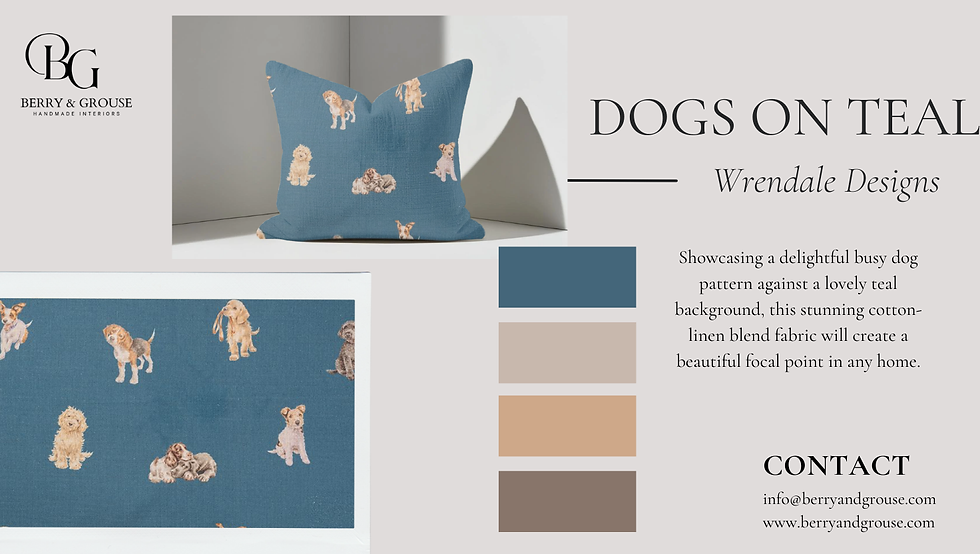 Thumbnail: wrendale dog teal scatter cushion product description and colour card