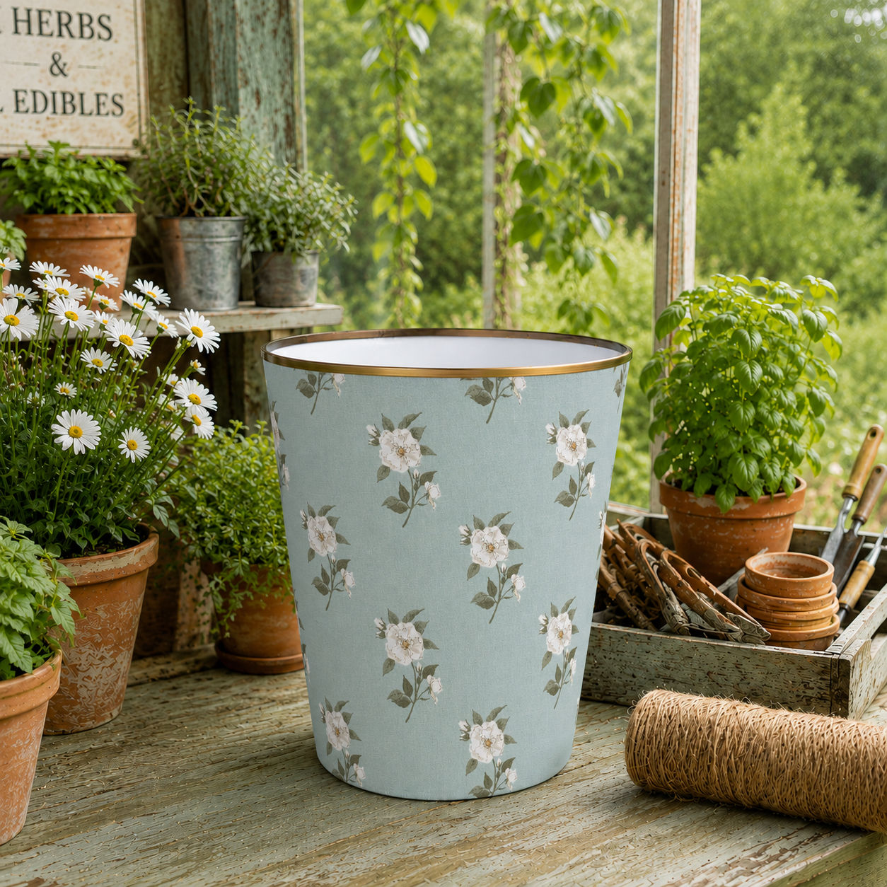 sophie allport roses duck egg waste paper bin