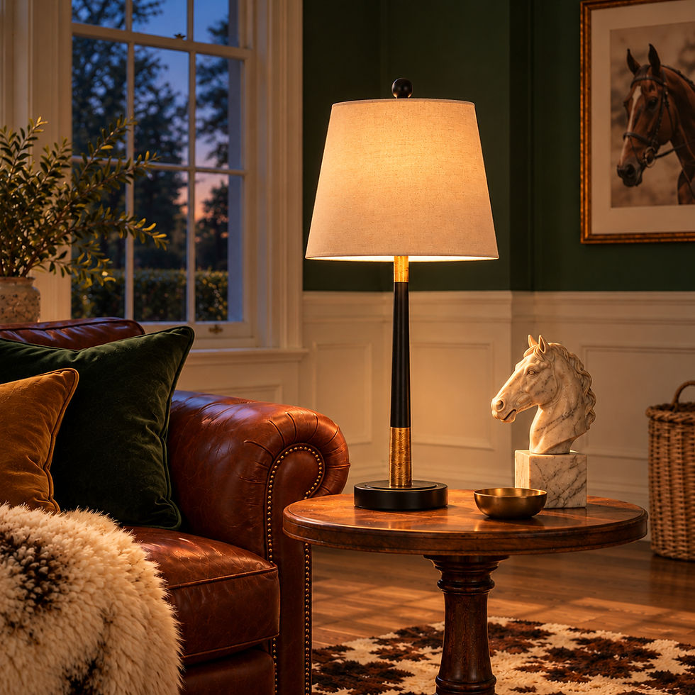 Black and antique gold table lamp glowing at dusk in a heritage British country house interior
