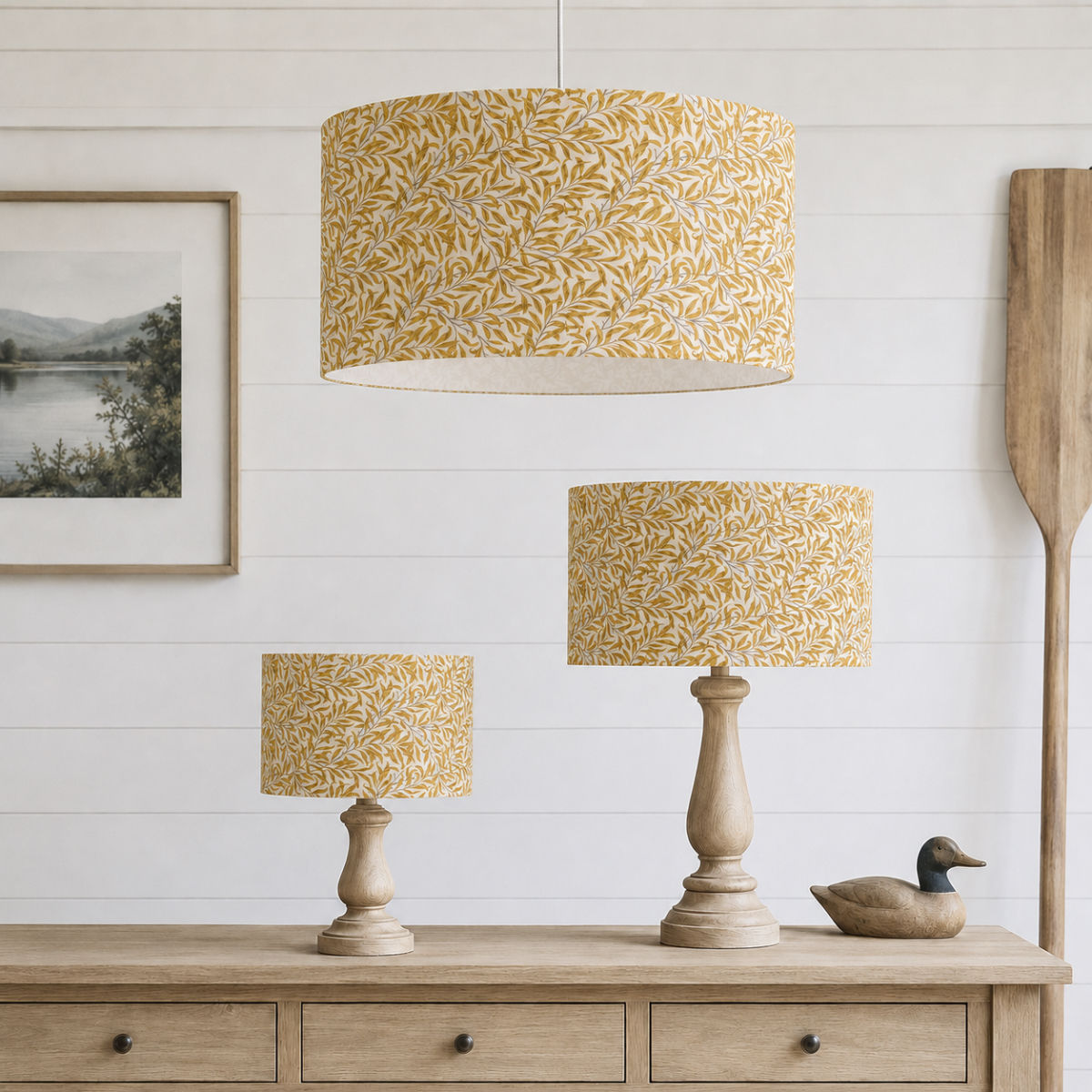william morris willow bough ochre yellow 20cm , 30cm and 40cm drum lampshades
