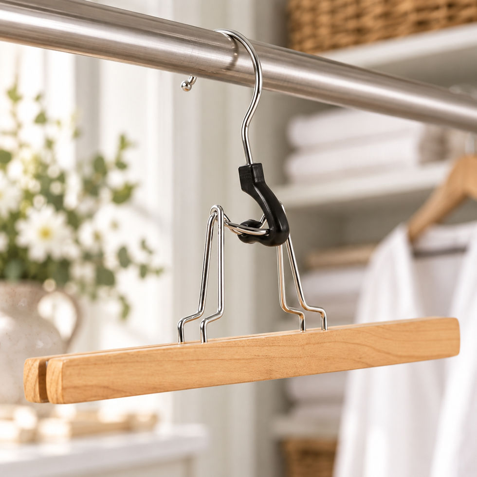 Wooden clamp trouser hanger displayed inside a bright country house linen cupboard with folded white linens