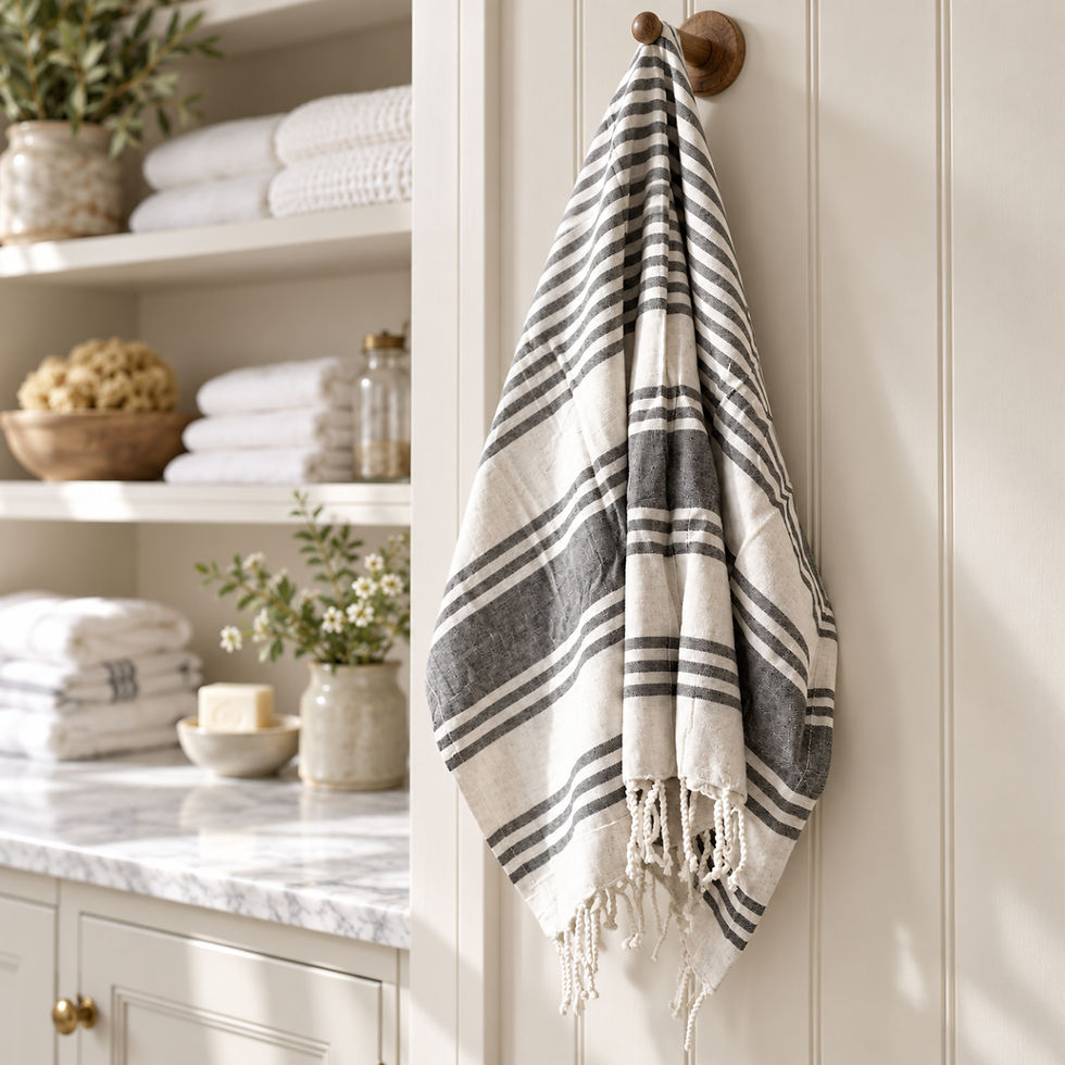 Hanging on peg: Grey and white striped Hamman spa towel hanging from a wooden peg in a bright country house linen cupboard.