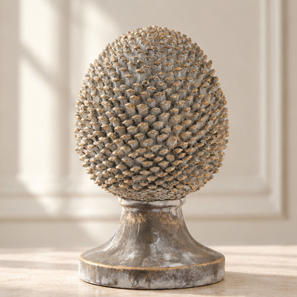 Large stone effect pinecone ornament with gold accents styled on a console in a neutral heritage country house interior