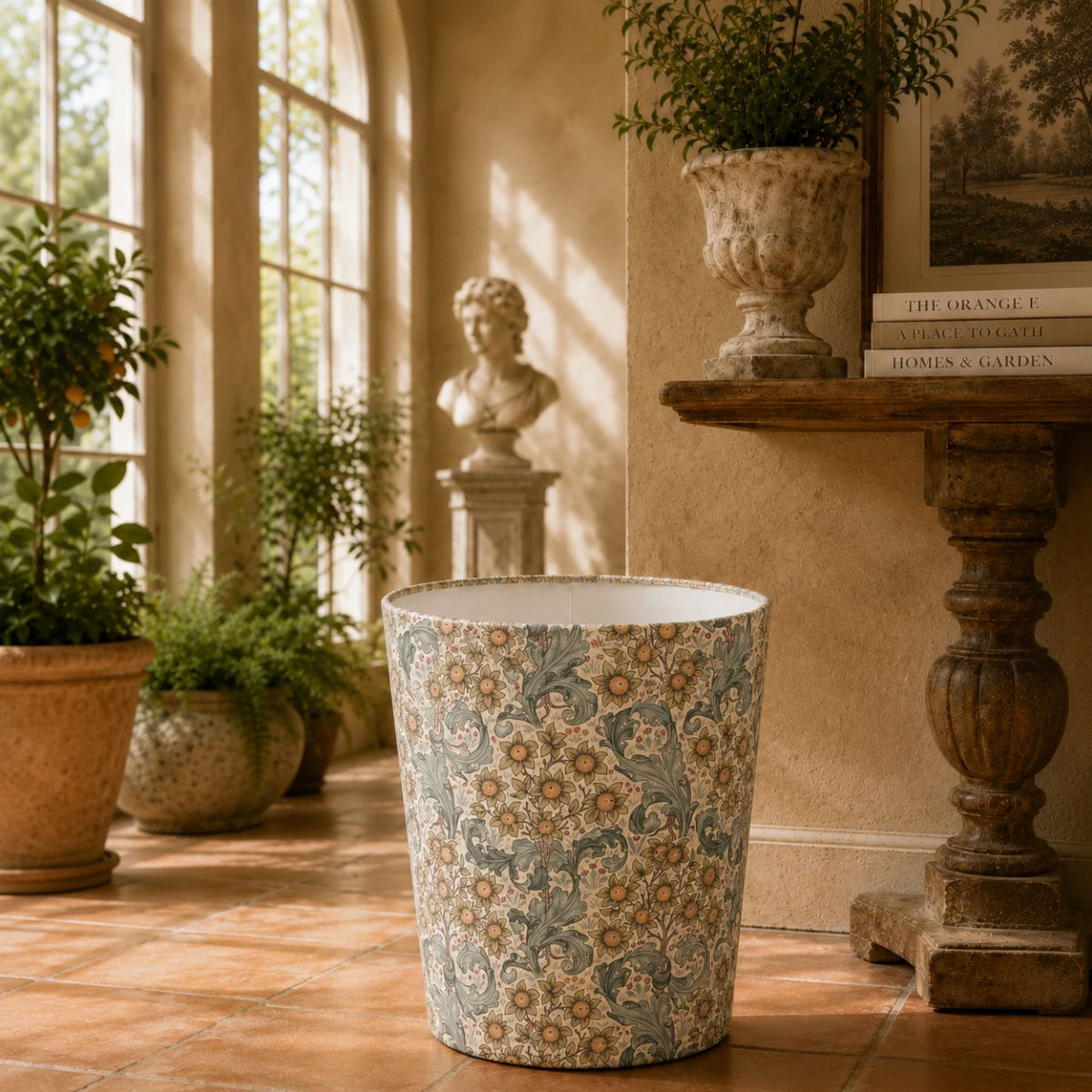 william morris orchid tourmaline waste paper bin set within the orangery