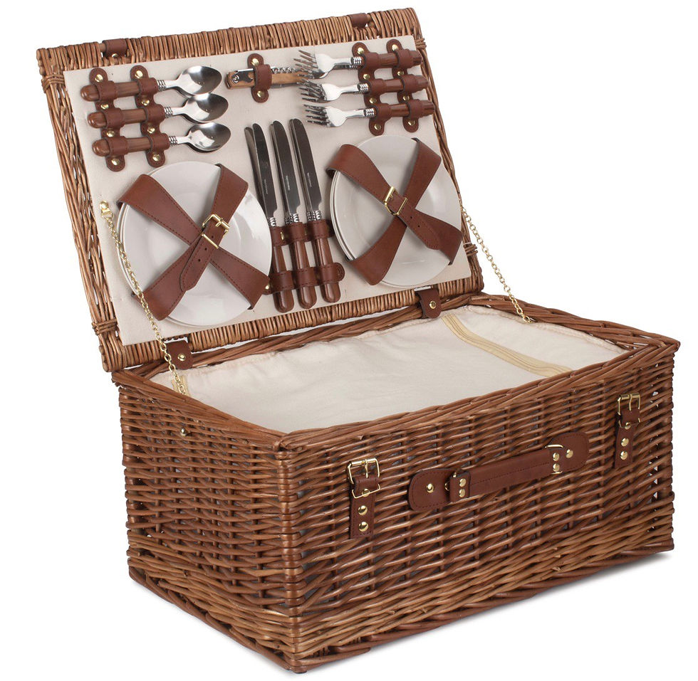 luxury white classic picnic hamper family wicker brown leather picnic blanket knives forks plates glasses chiller outdoor