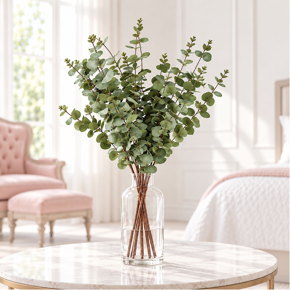 100cm faux green eucalyptus stems in a clear glass vase styled in a bright minimal master bedroom.