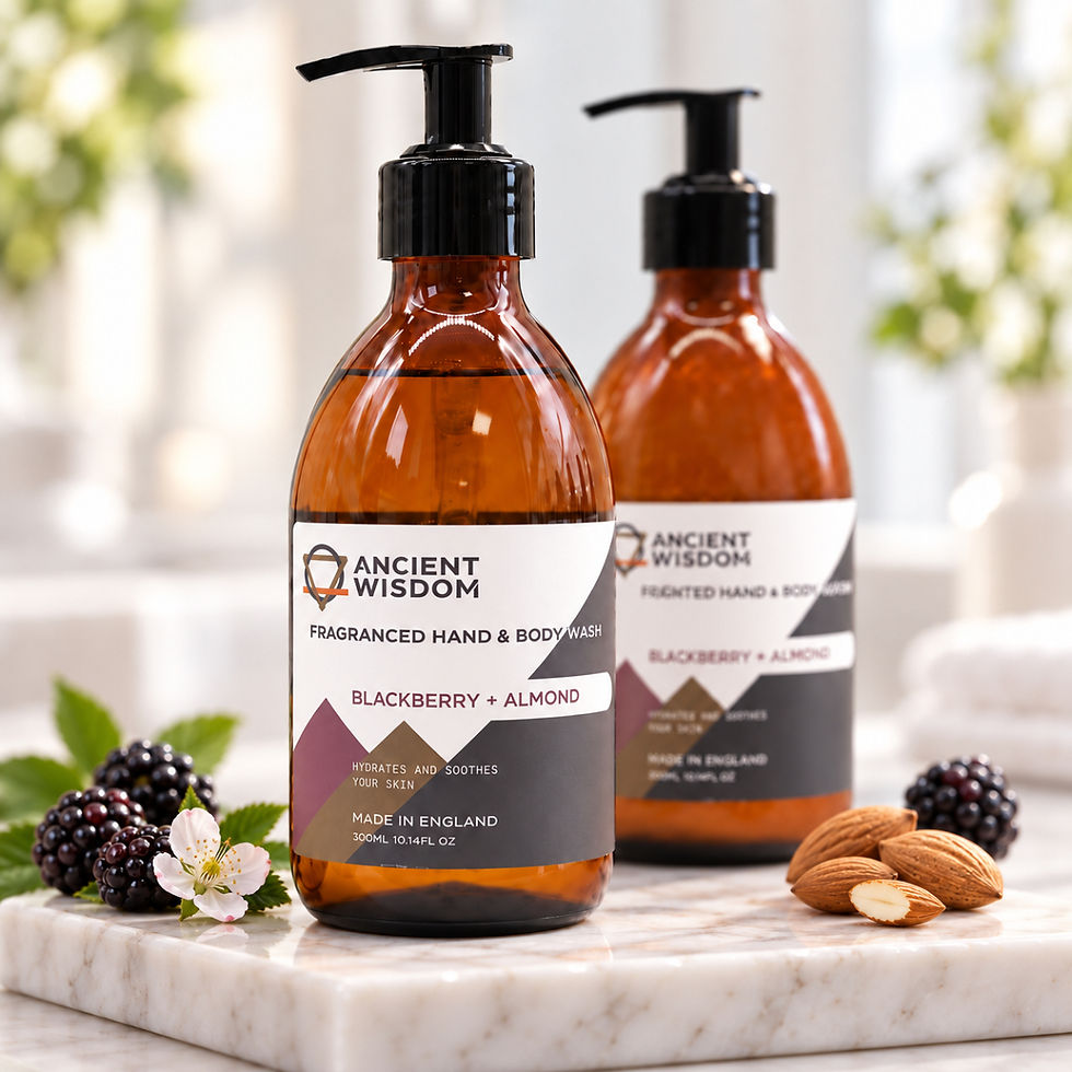 Close-up of Ancient Wisdom Blackberry and Almond hand and body wash with matching lotion behind, styled with blackberries
