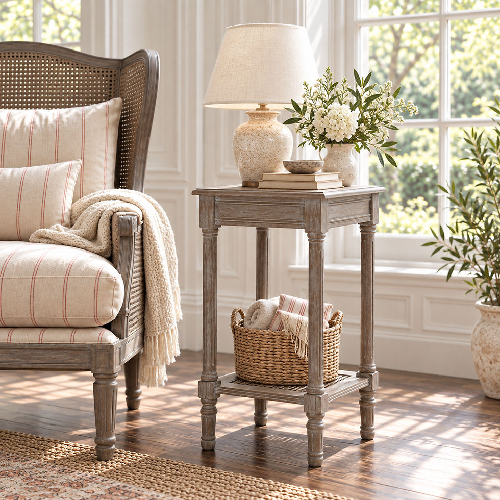 Thumbnail: Rustic grey washed wooden lamp table with turned legs and woven cane shelf, styled in a traditional country house interior.