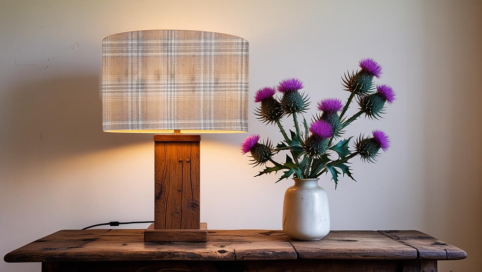 Thumbnail: balmoral highland wool in beige table lampshade on a wooden base with Scottish purple thistle in vase