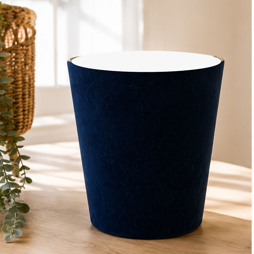 Handmade deep navy blue Venetian velvet waste paper bin with matte white liner and tapered shape