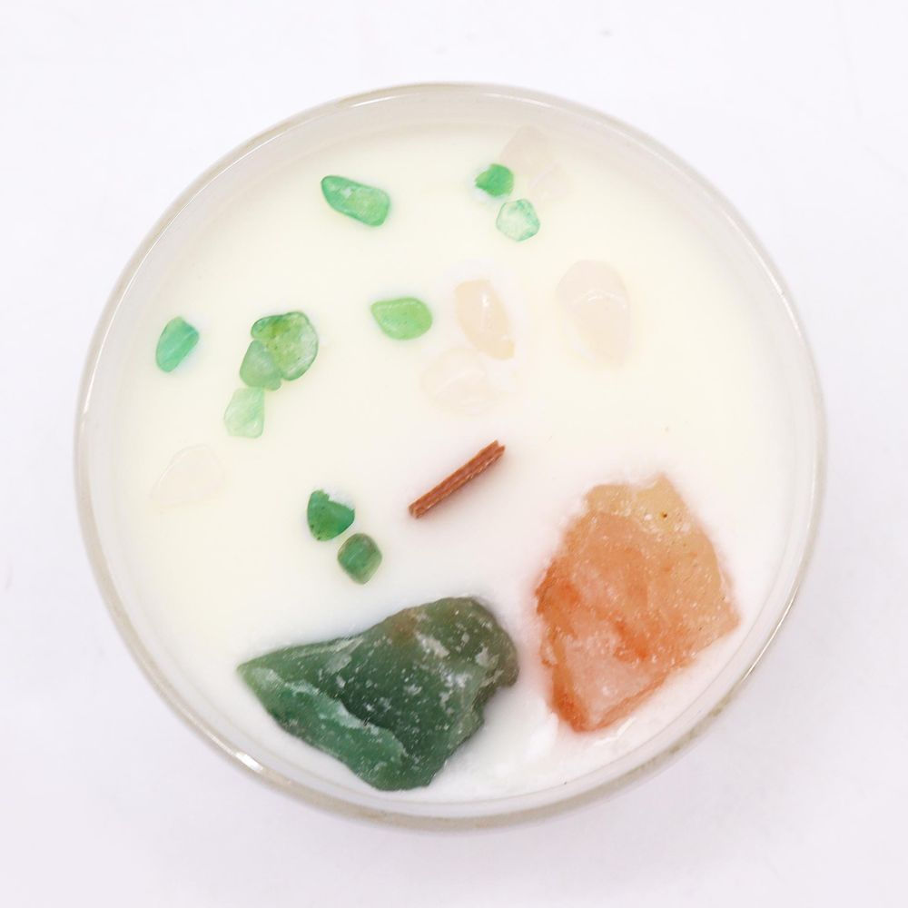 Heart Chakra crystal candle with Rose Quartz and Crystal Jade