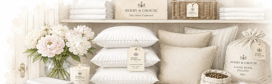 Bespoke cushion inners, measuring details and natural fabrics arranged in The Linen Cupboard for tailored interior enquiries.