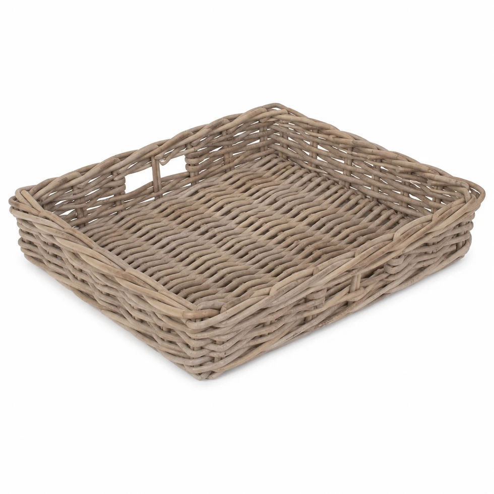 Thumbnail: Kubu grey rattan serving tray placed on crisp white bed linen with pastries, fresh fruit and a light breakfast setting