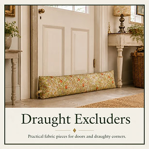 Berry & Grouse draught excluders category tile showing a patterned fabric draught excluder placed against a painted door in a country home hallway.

