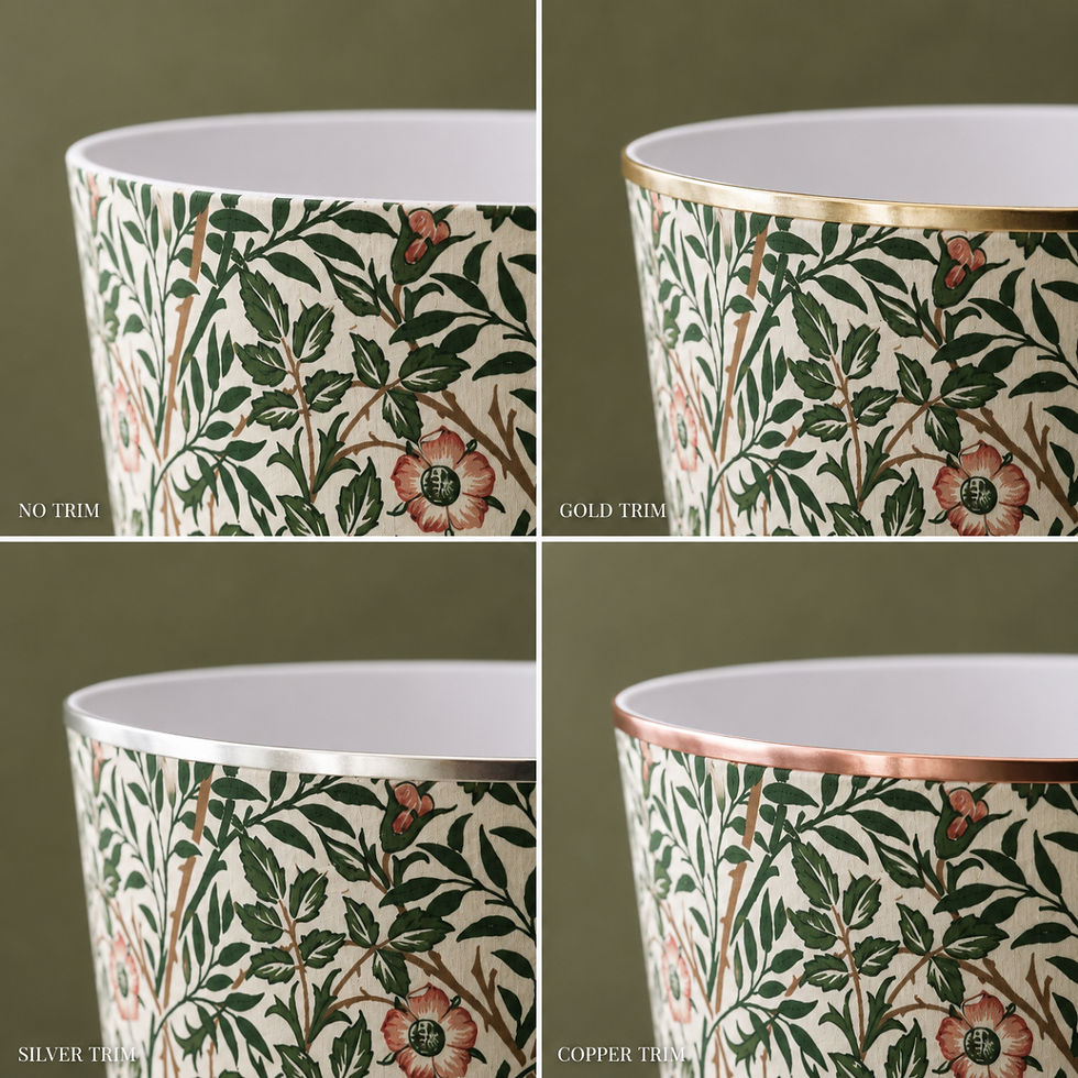 william morris sweet briar waste paper bin trim options - no trim, gold trim, silver trim, copper trim