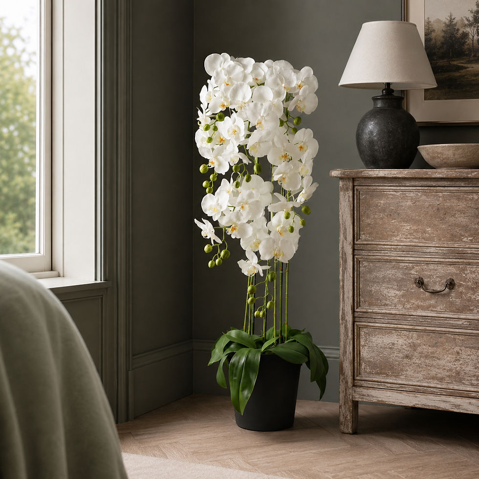 Thumbnail: Tall white faux orchid arrangement against a deep grey-green interior wall