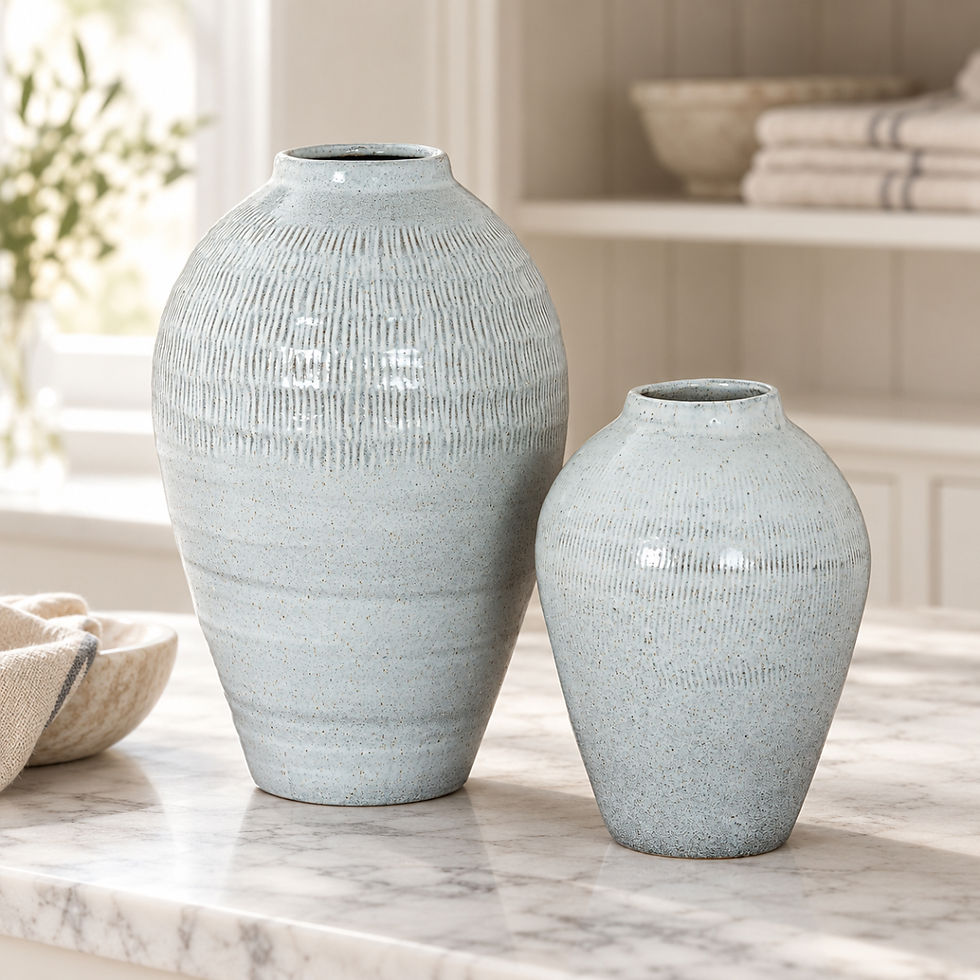 Pair of blue-grey textured ceramic vases in two sizes styled on a pale marble countertop in a bright country house