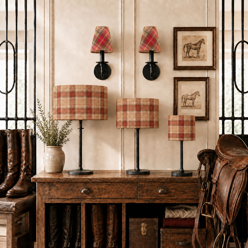 Balmoral Clementine wool lampshades styled with leather boots and saddlery in The Tack Room