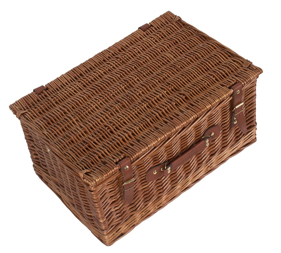 Thumbnail: luxury white classic picnic hamper family wicker brown leather picnic blanket knives forks plates glasses chiller outdoor