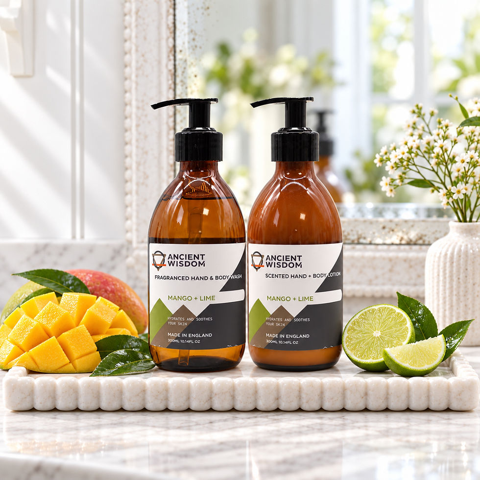 Close-up of Ancient Wisdom Mango and Lime hand and body wash with matching lotion softly out of focus behind,