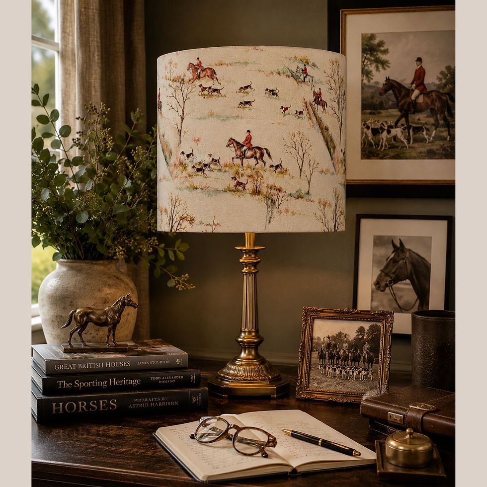 Thumbnail: The Open Country Lampshade styled in a country house study with an antique brass lamp, equestrian artwork, books