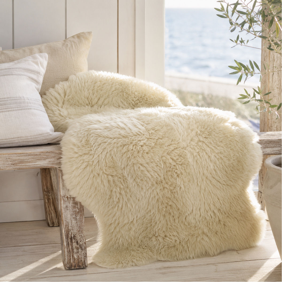 Oyster Shepherd’s Fleece 95cm long-wool sheepskin rug coastal styling