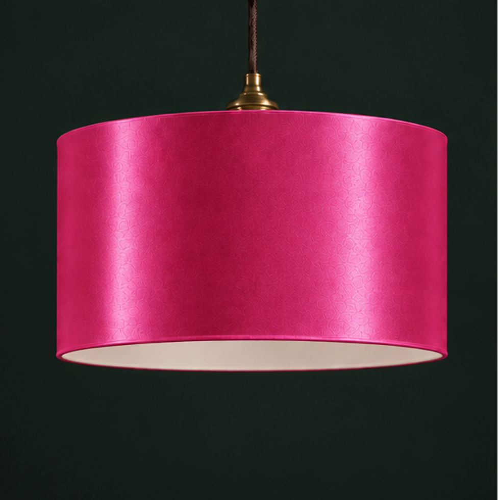 Thumbnail: 40cm: 40cm Fuchsia silky satin drum lampshade styled as a ceiling pendant by Berry & Grouse.