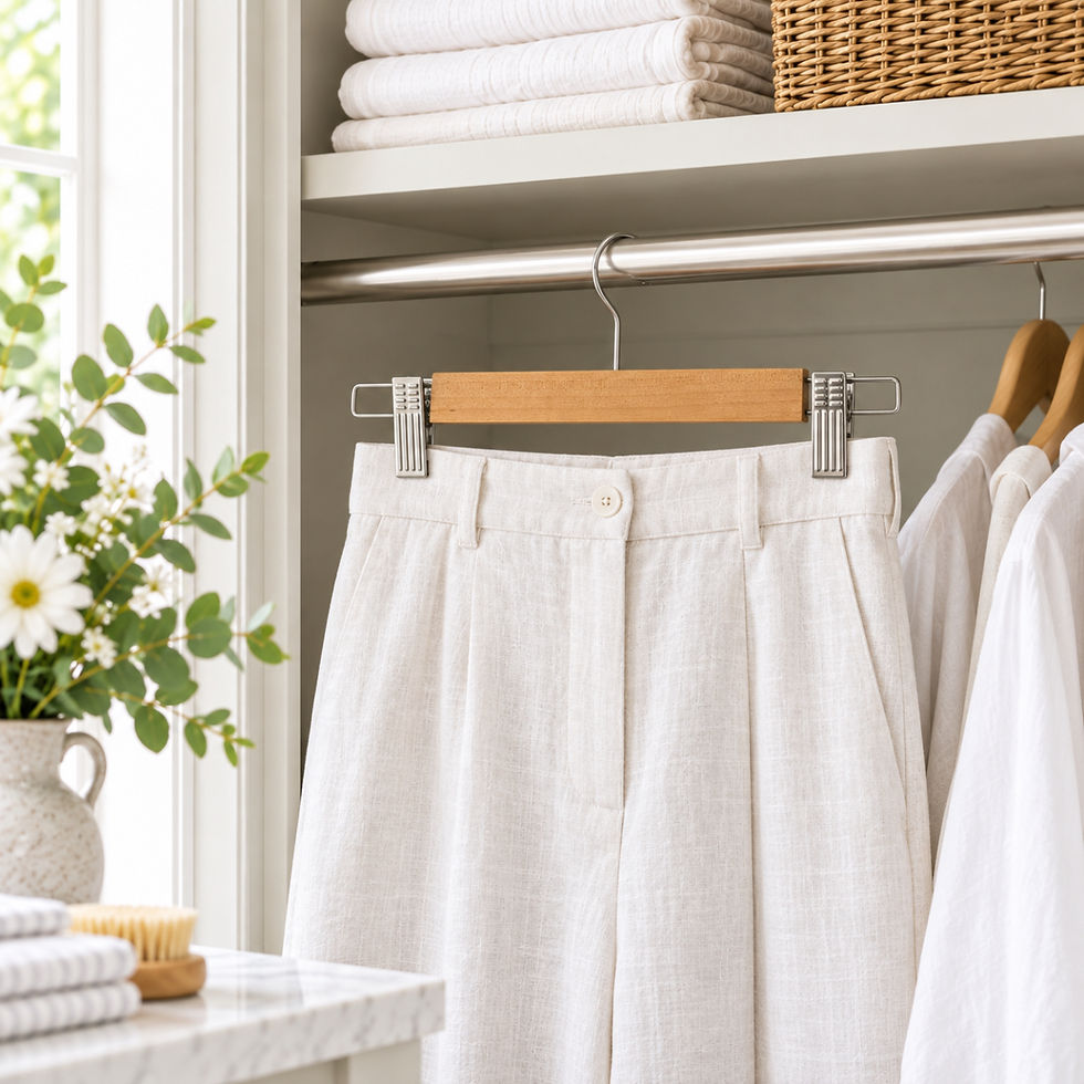 Wooden clip trouser hanger hanging inside a bright linen cupboard with folded white towels and wicker storage baskets