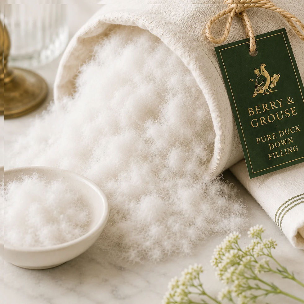 Close-up of pure duck down filling spilling from a linen bag with Berry & Grouse Pure Duck Down Filling tag and ceramic dish.