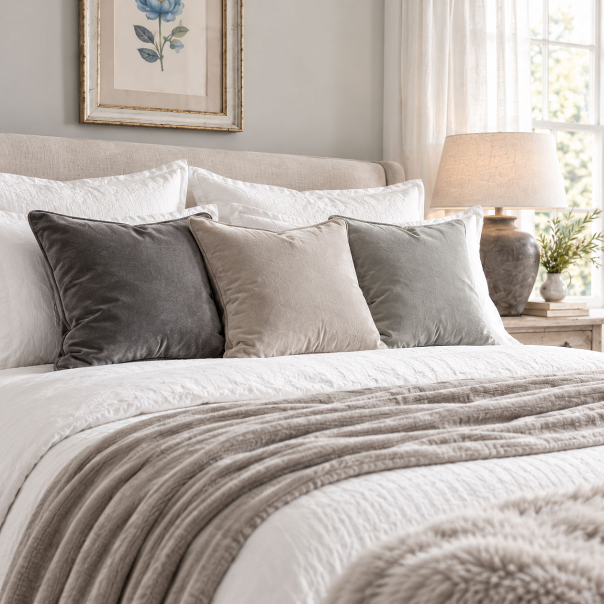 House Velvet 18 inch piped scatter cushions in Graphite Grey, Dove Grey and Silver Grey styled on a white guest room bed.