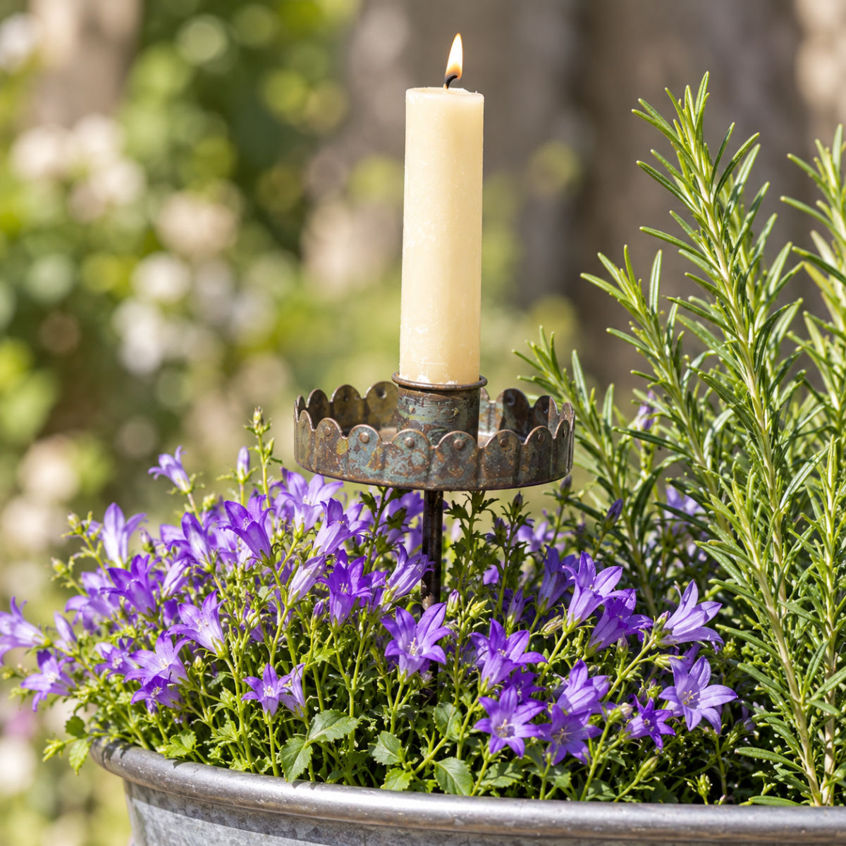 Scalloped metal stake candle holder with ivory candle in an English cottage garden planter
