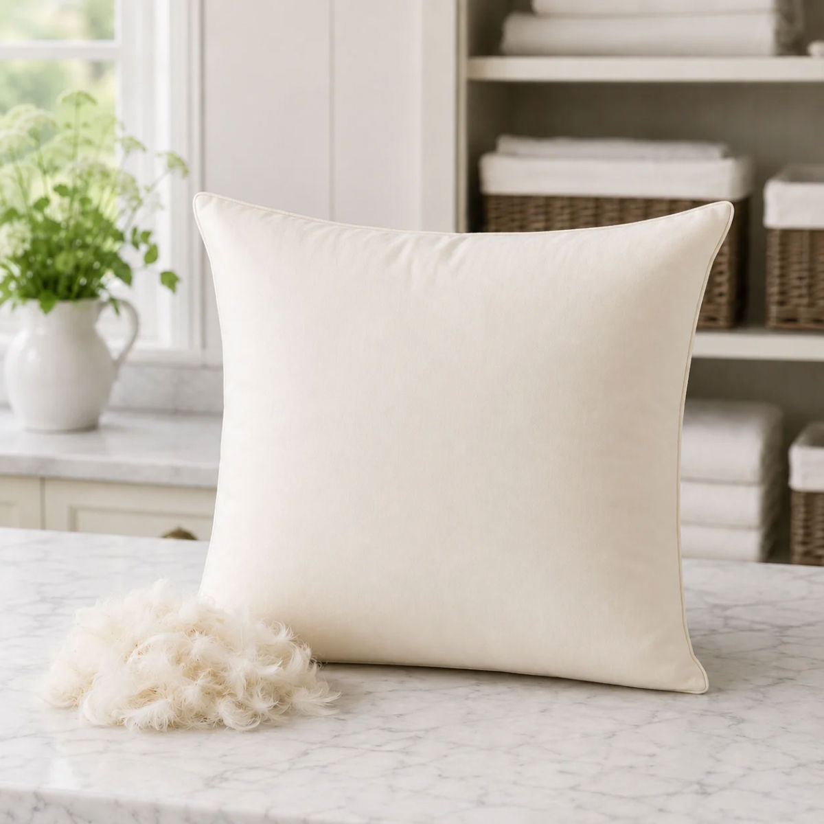 Duck feather scatter cushion inner with light cream cambric case and curled duck feather filling, styled in The Linen