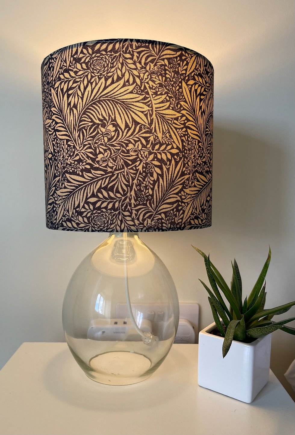 Thumbnail: william morris larkspur in navy berry grouse lampshades