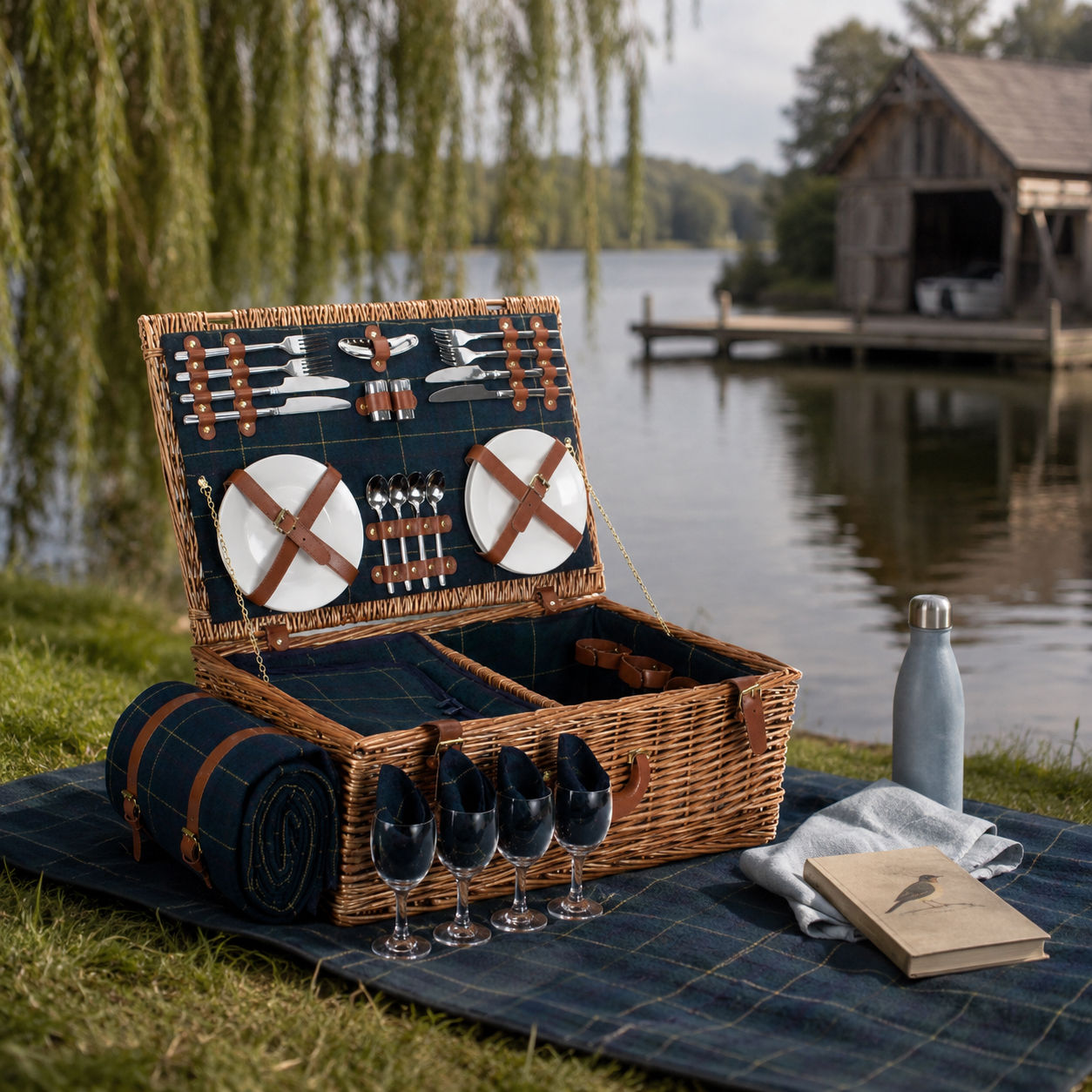 Four-person blue tweed willow picnic hamper styled beside The Lake House