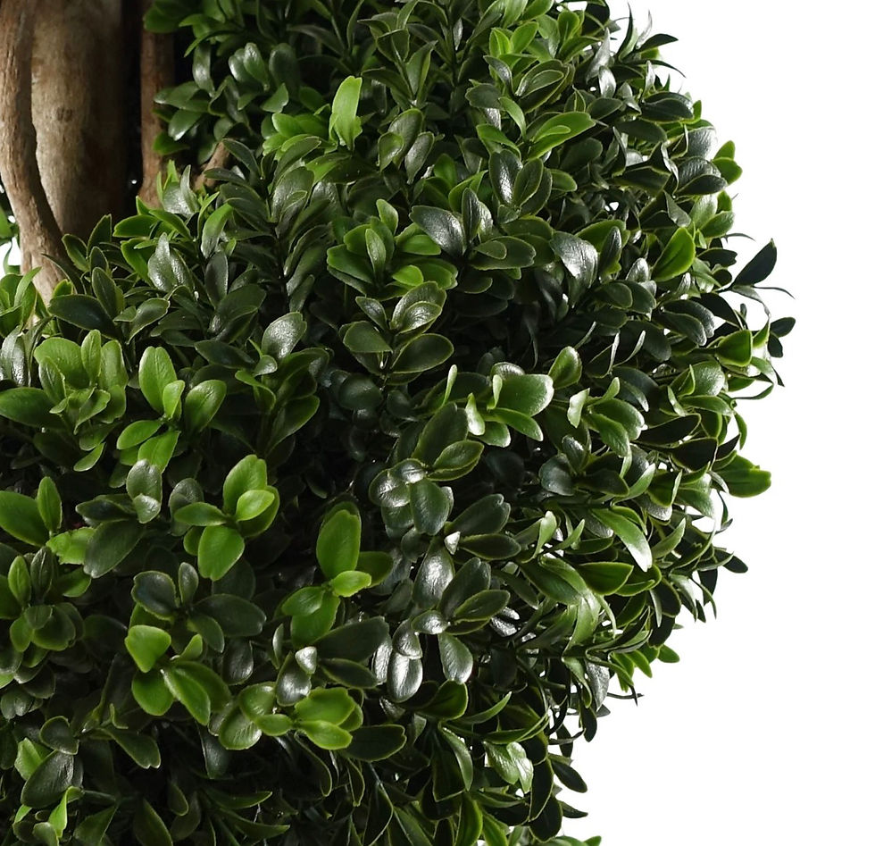Thumbnail: Close-up of green artificial boxwood foliage on the spiral topiary.
