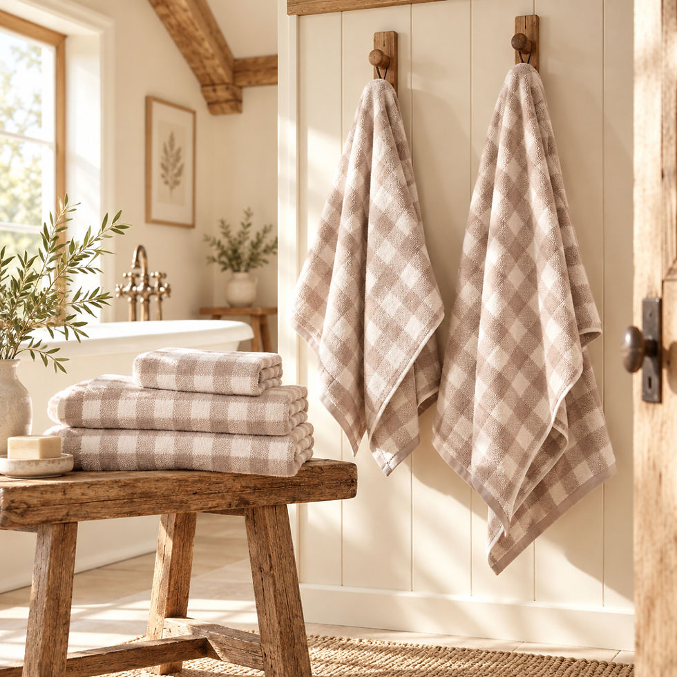 Beige gingham towels styled in a bright shepherd’s hut bathroom with oak beams, cream walls and rustic wooden details