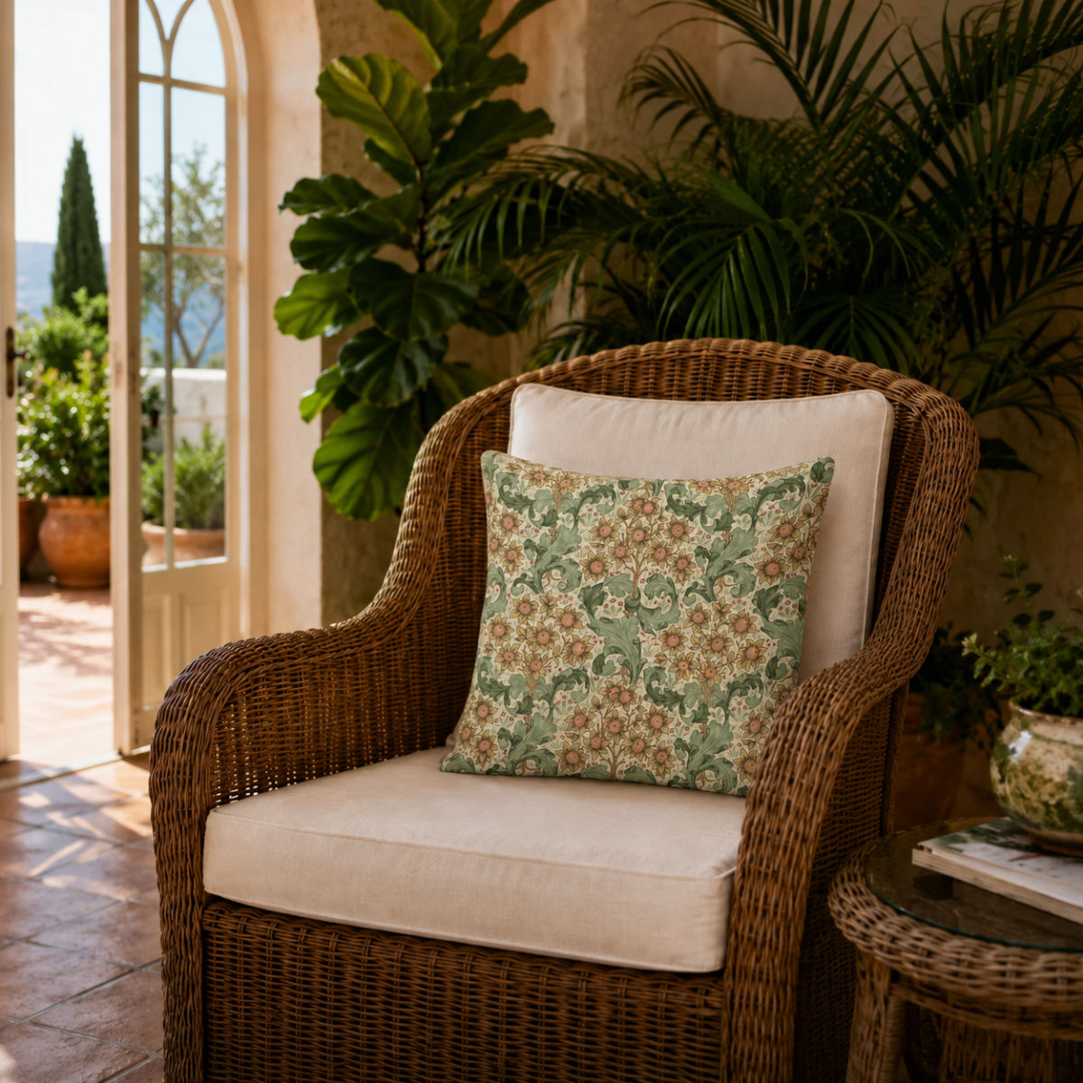 william morris orchid buttercup scatter cushion on a wicker chair in the orangery
