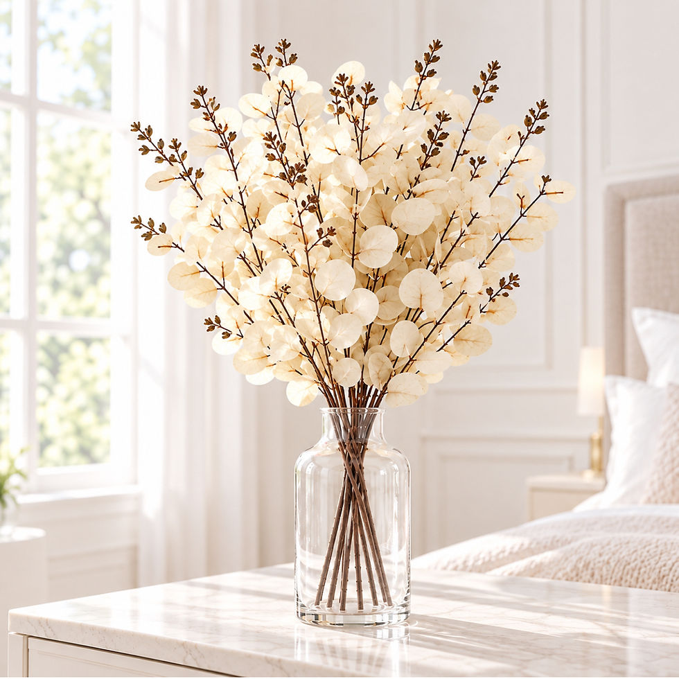 Ivory faux eucalyptus stems in a clear glass vase styled in a bright elegant bedroom setting.