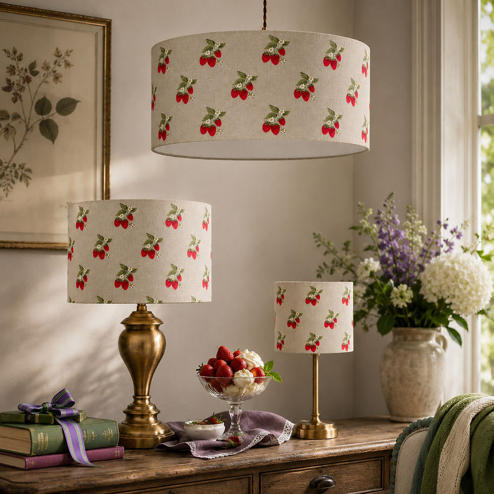sophie allport strawberries sage lampshades 40cm drum ceiling, 30cm drum table and 20cm drum table